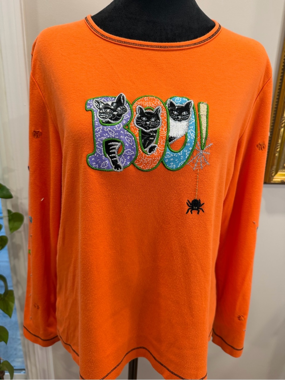 Reference Point Y2K Pullover cotton blend ladies Halloween cat graphic shirt LG